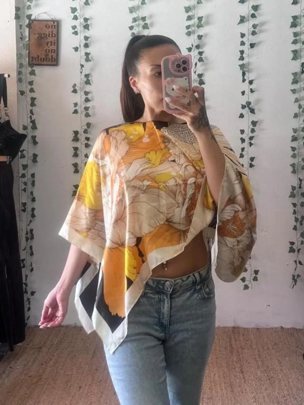 Yellow and black flowy poncho with floral and koi fish print OS